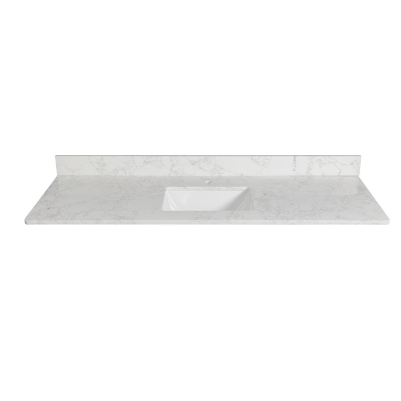 Plan de toilette rectangulaire en quartz de 155 cm x 56 cm avec lavabo encastré en céramique et dosseret de 10 cm.
