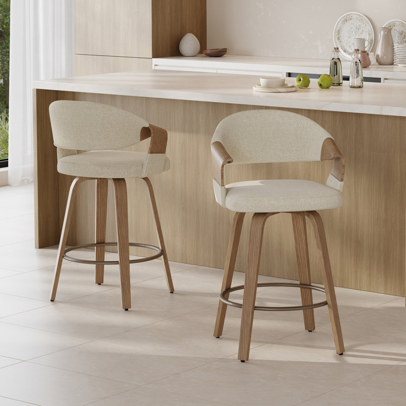 Mid-Century Modern Swivel Counter Stool With Bentwood Frame, Beige