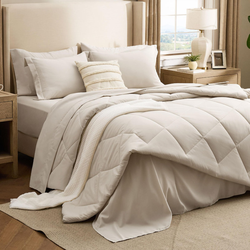 New Arrivals Bedsure Quilted Comforter Sets, Luxury Soft Bed in a Bag, Beige, King Comforter + 6 Additional Pieces