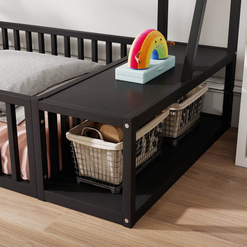 Lit simple au sol avec bureau et tablettes de rangement, Noir