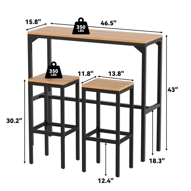 3 Pieces Outdoor High Top Table And Chairs Metal Bar Set