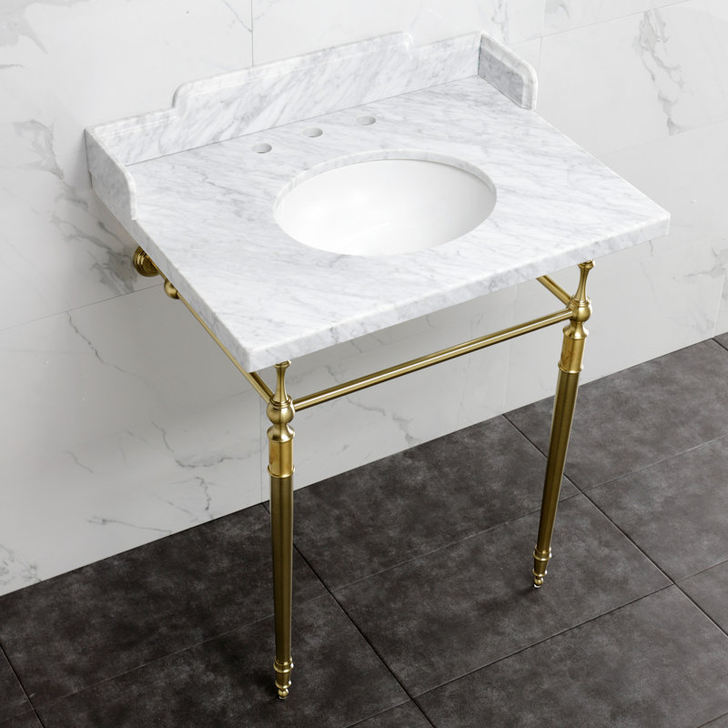 Évier console en laiton Carrara de 30 po avec pieds en laiton Kingston, LMS3022M8SQ6 Kingston, blanc marbre / nickel poli