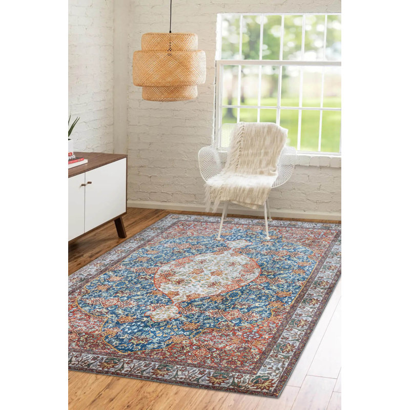 Tapis décoratif bleu en polyester oriental bleu doux tissé à la machine, Rectangle 5 pi 3 po x 7 pi 7 po