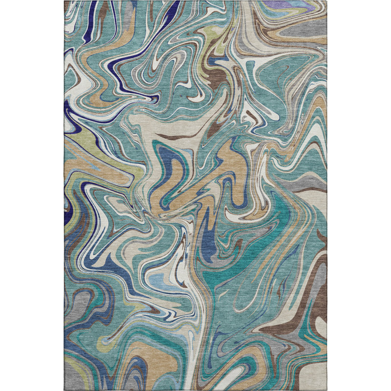 Premium Machine Washable Mayfield AMF2395 Abstract Rug, Teal, 8' x 10'