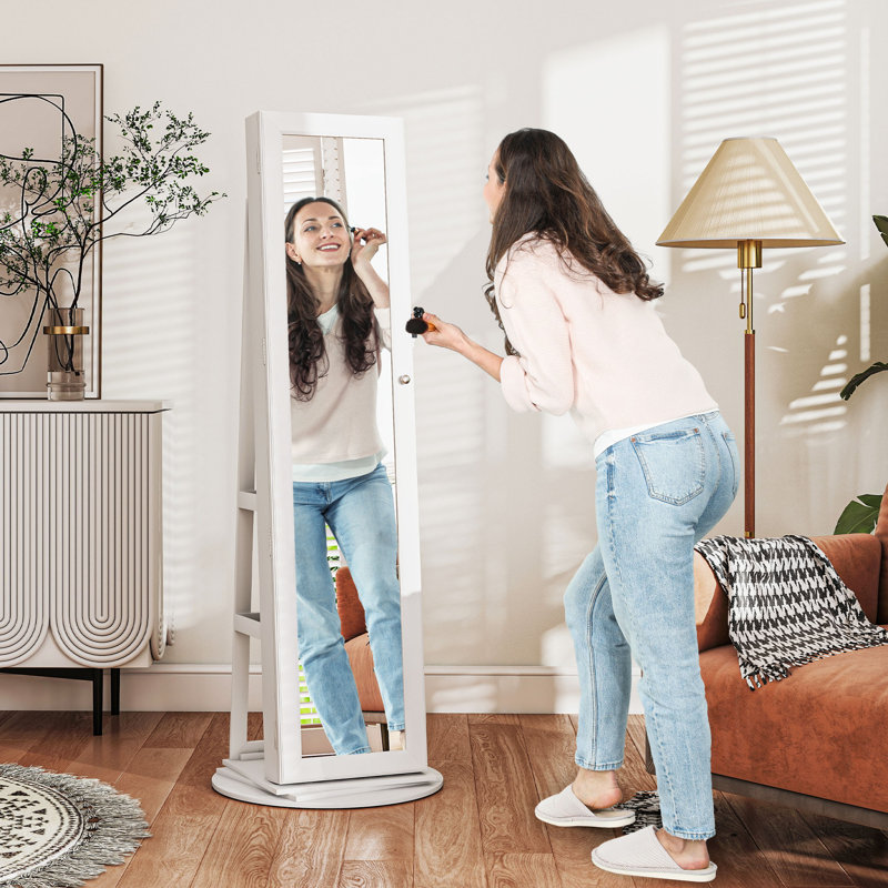 360° Swivel Jewelry Cabinet, Lockable Jewelry Armoire Organizer with Full-Length Mirror, Storage Shelves, Interior Small Mirror, for Bedroom Living Room, Gray
