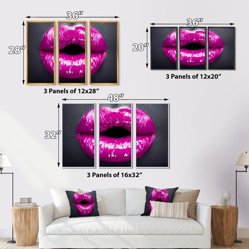 Mauve maquillage pour les lèvres - ensemble d'art mural en toile encadrée sensuel de 3, L 48 po x H 32 po, Or