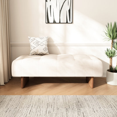 Banc rectangulaire en tissu de lin beige avec sièges confortables, système de ressorts ensachés et rembourrage en éponge haute densité à usages multiples, pieds en bois d'hévéa