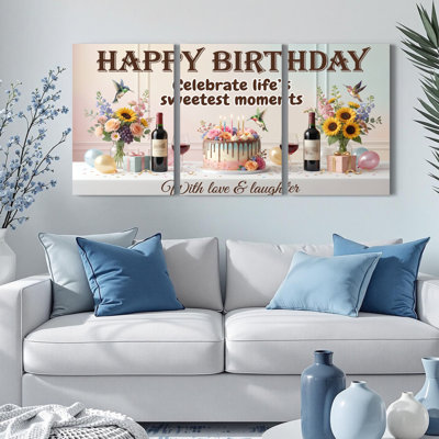 Joyeux anniversaire, célébration avec gâteau, vin et fleurs, reproduction d'art sur toile tendue sur toile, ensemble de 3, pour salon, chambre à coucher ou fête
