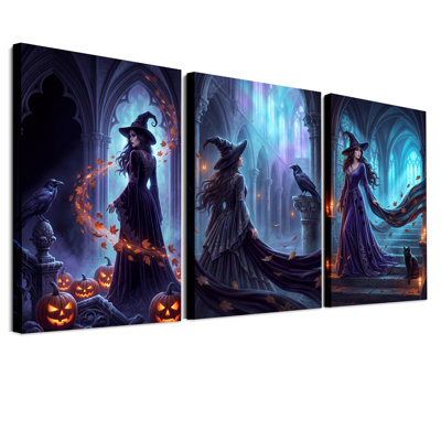 Sorcière fantastique dans une cathédrale gothique avec un ensemble de 3 toiles murales pour l'Halloween