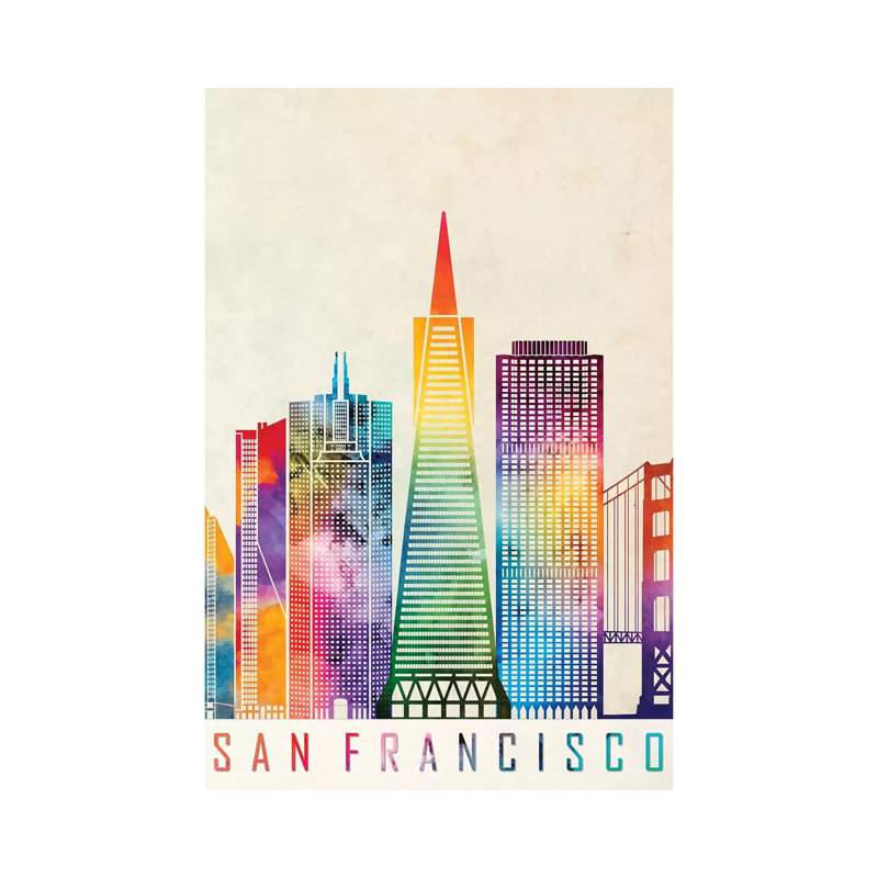 San Francisco Landmarks Watercolour Poster 1 Piece Wrapped Canvas Wall Art, 30.48cm H x 20.32cm W