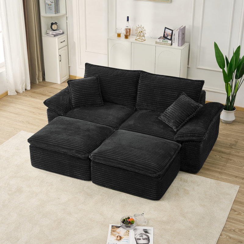 Boneless Modular Sectional Sofa with Ottomans No Assembly, Black Corduroy