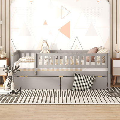 Lit de jour en bois double avec 2 tiroirs de rangement, gris - Lit simple pour la chambre