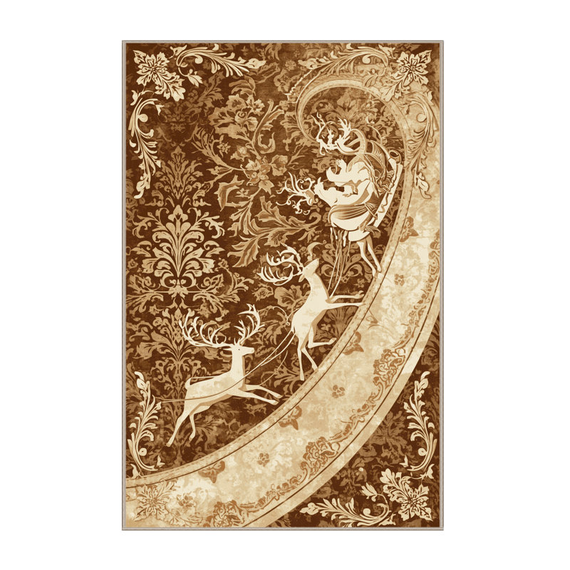 Machine Washable Vehicles And Transportation Sleigh With Reindeer Classic Damask Rug in Beige – Beige Binding, 7x10