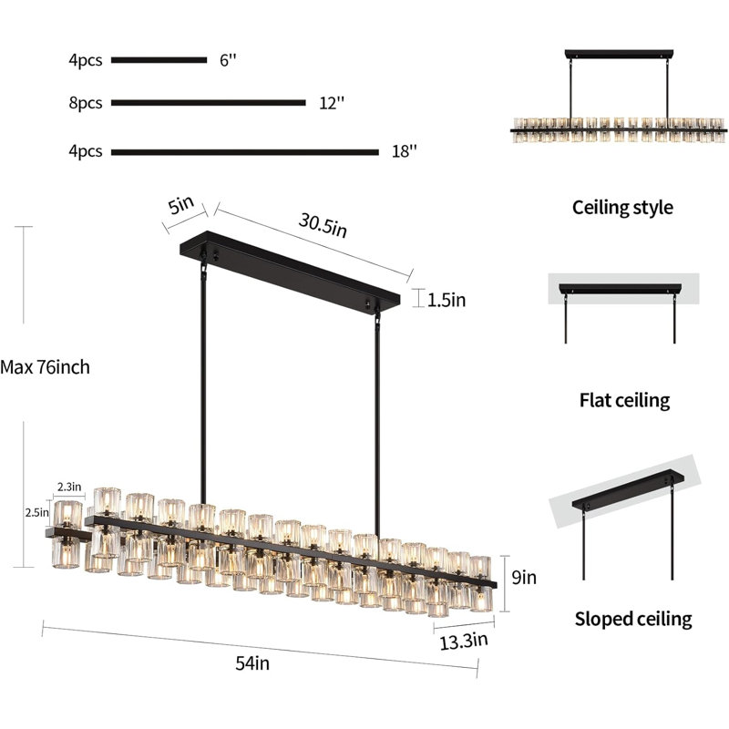 Machalik 60 - Light Dimmable Kitchen Island Rectangle Chandelier, Matte Black