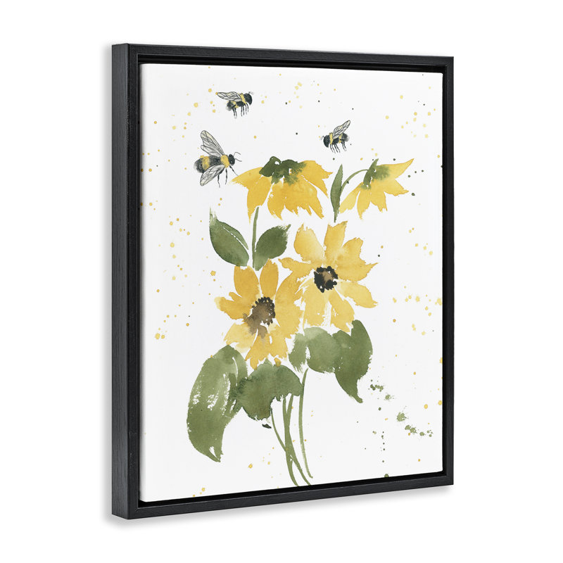 "Bumble Bees & Daisies", art mural encadré flottant par Lucille Price, Cadre flottant noir de jais, H 31 po x l 25 po