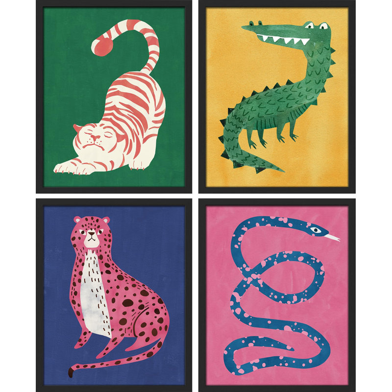 Chat rouge, crocodile vert, léopard rose, serpent bleu, impression sur papier, 4 pièces, Blanc, H 10 po x l 8 po
