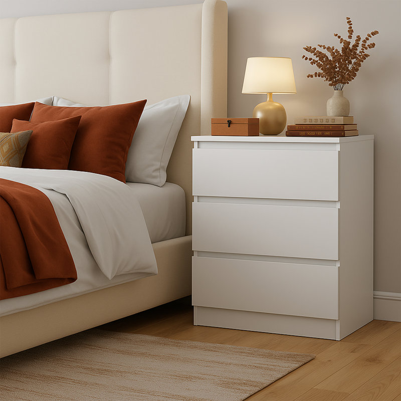 White 3-Drawer Nightstand – Small-Space Bedside Table, Anti-Tip Kit, White