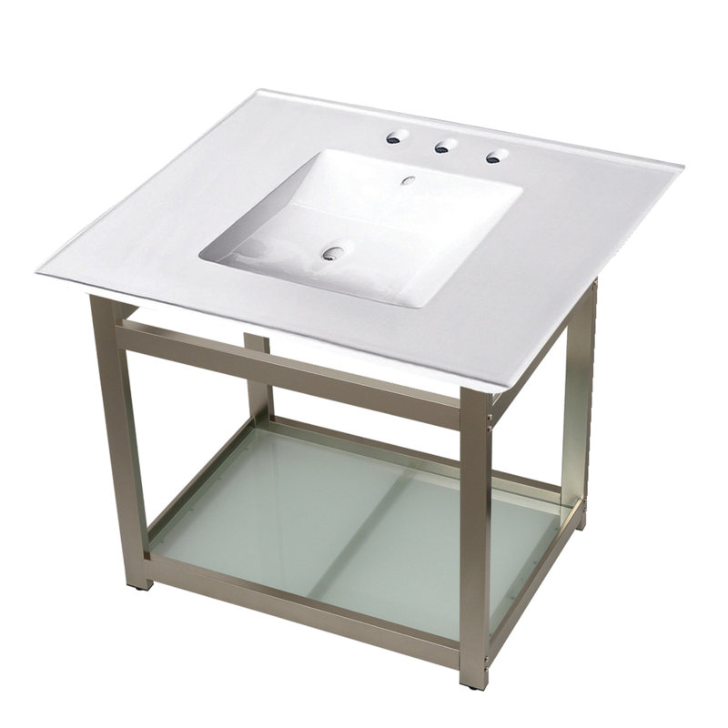 Kingston Brass Quadras 31-Inch Ceramic Console Sink with Steel Base and Glass Shelf, White/Brushed Nickel, 8" Centers