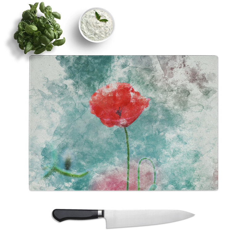 A Lone Poppy Flower Watercolour Chopping Board, 0.4cm H x 20cm W x 28.5cm L