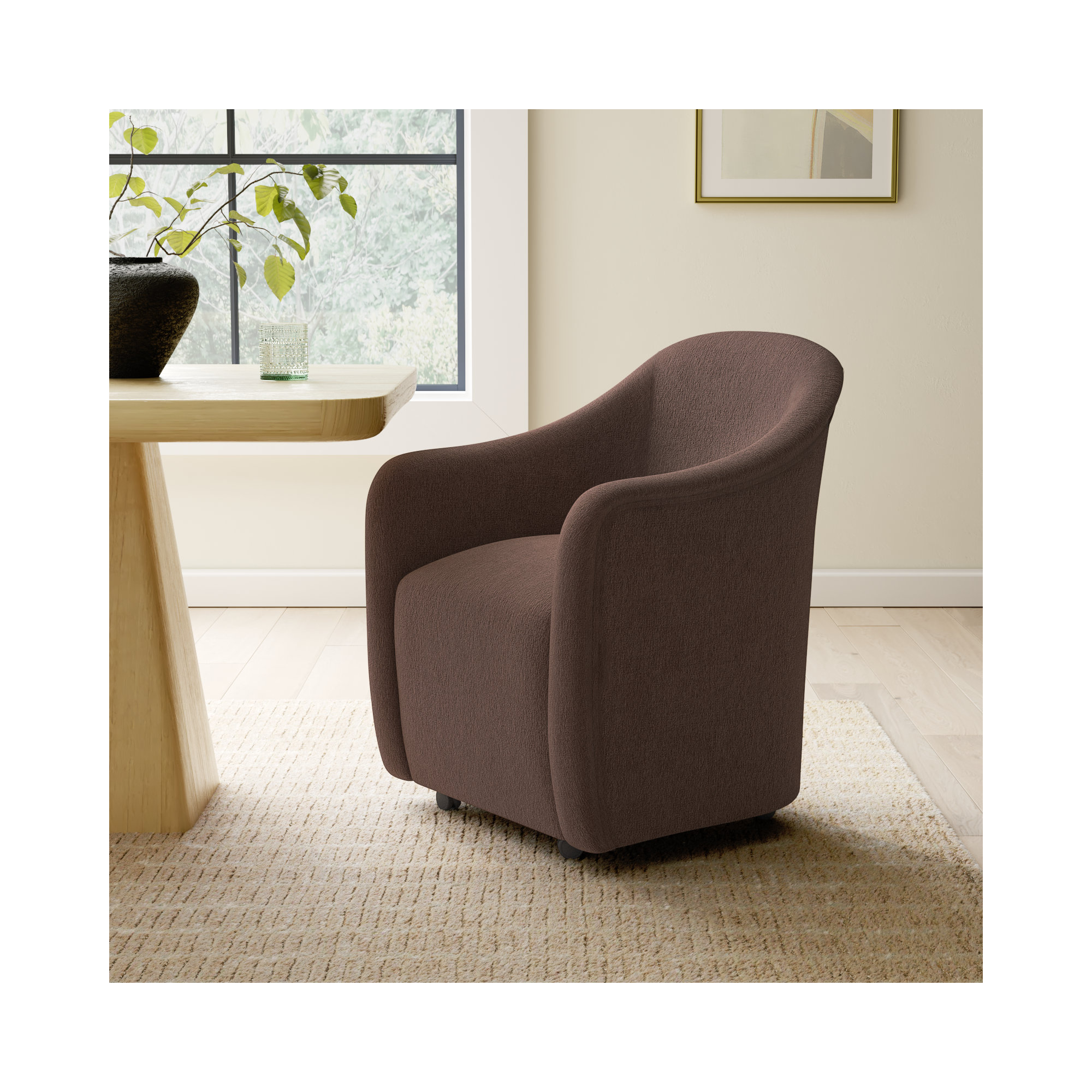 Denice Rolling Dining Arm Chair, Dark Brown Performance Chenille