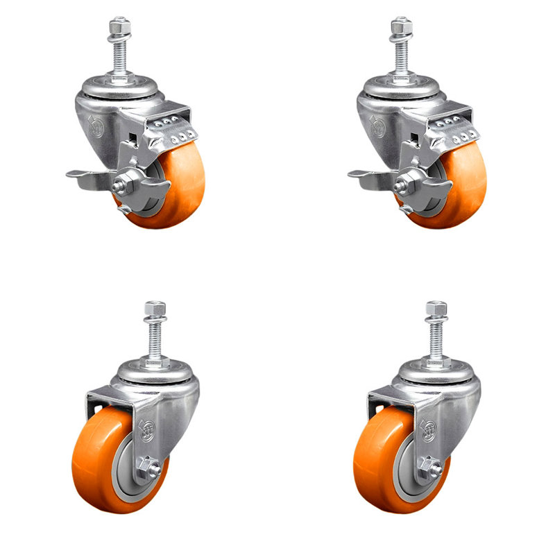 Ensemble de roulettes à tige filetée de 3,5 pouces et pivot de 3,58 po 2 freins SCC, Orange