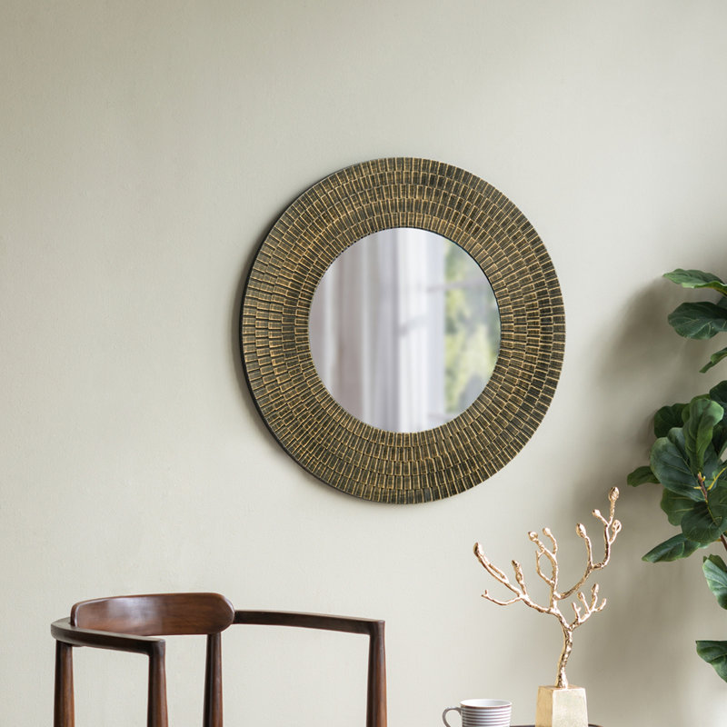 Miroir d'appoint rond et noir en bois avec texture tissée