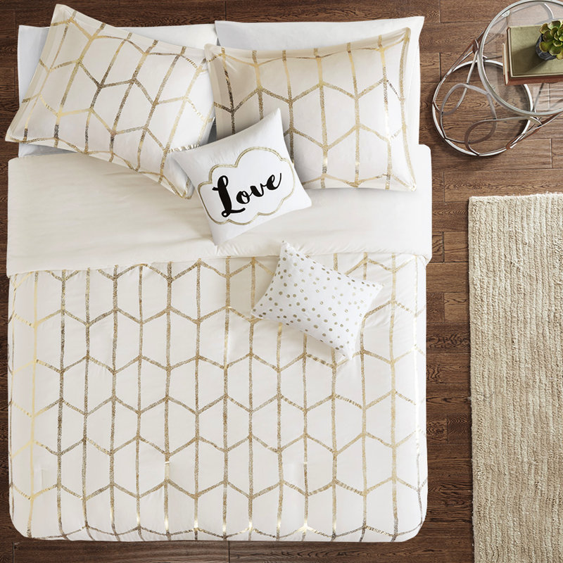Housse de couette simple / simple TG à imprimé géométrique métallique - microfibre dorée, fermeture à boutons, 2 taies décoratives, coussins décoratifs avec typographie et détails argentés imprimés doux
