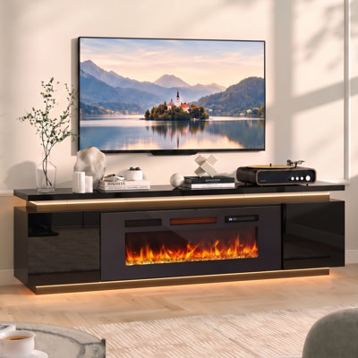 Meuble télé à DEL avec foyer électrique de 40 pouces pour téléviseurs jusqu'à 75 pouces, console télé avec 4 prises secteur pour salon, noir