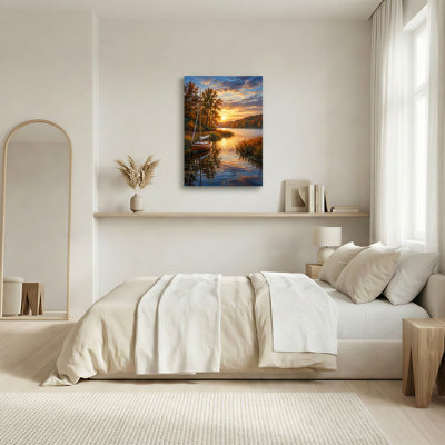 Impression sur toile, voilier en bois sur un lac d'automne doré au coucher du soleil