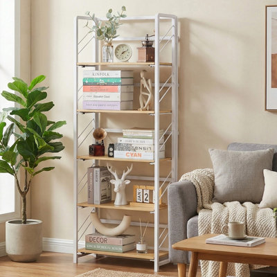 5-Tier Folding Bookshelf with No Assembly, Industrial Style Bookcase with Metal Frame and Brown Wood Shelves, Space-Saving Storage Rack