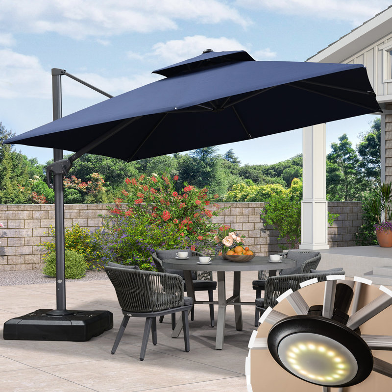 Parasol carré en porte-à-faux 10 pi avec base et lumière douce pour parasol changeant de couleurs, bleu marine, Bleu marine
