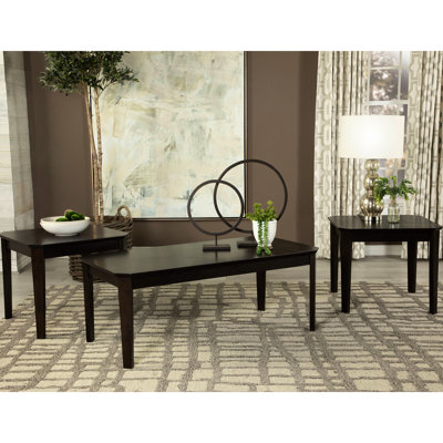 Collection de 3 tables basses brun foncé avec une et deux tables de bout, forme rectangulaire, pieds droits minces, bois massif + composition, base en épingle à cheveux, pour le salon, 18 po de hauteur, 47,89 de largeur, 23,5 po