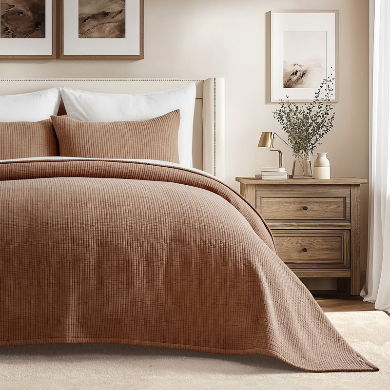 Solid Cotton Gauze Pick-stitch Matelesse Coverlet Bedspread set, King Quilt + 2 King Shams, Soft Oat