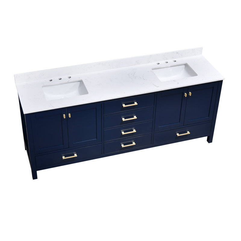 Render 84'' Double Bathroom Vanity With Engineered Stone Top, Blue