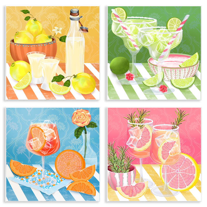 " Cocktails & Lemons on Stripes " 4 Piece Art Graphic Art Set
