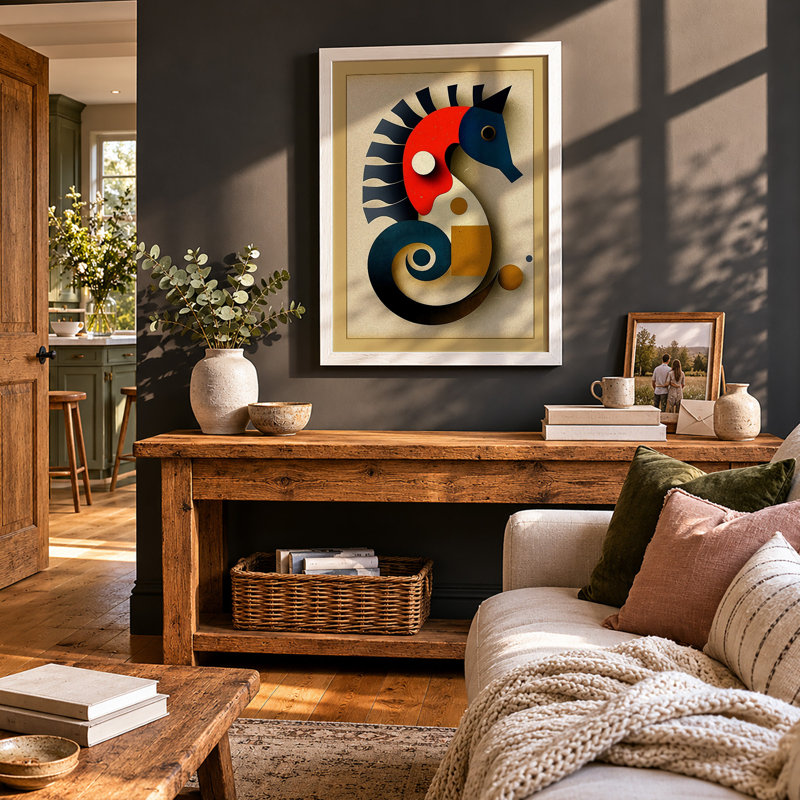 Geometric Seahorse Art Deco 1 Piece Single Picture Frame Wall Art, A4 - 29.7 x 21.0 cm, White