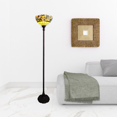 Lampe sur pied de forme traditionnelle brune 70 "avec abat-jour en verre Tiffany vert et brun