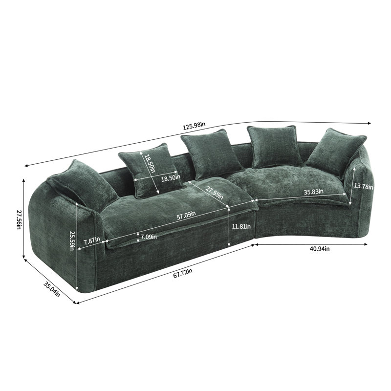 Assembly Free 126" Chenille 2-Piece Modular Curved Sofa with 5 Toss Pillows, Emerald