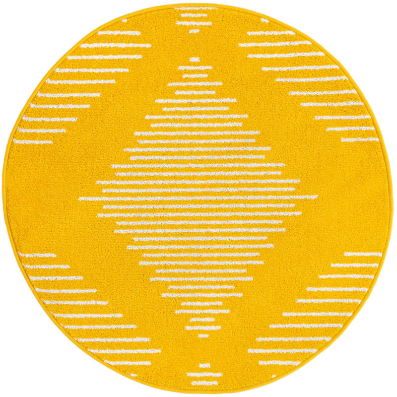 Tapis géométrique jaune en polypropylène tissé à la machine, Rond 3 pi 3 po