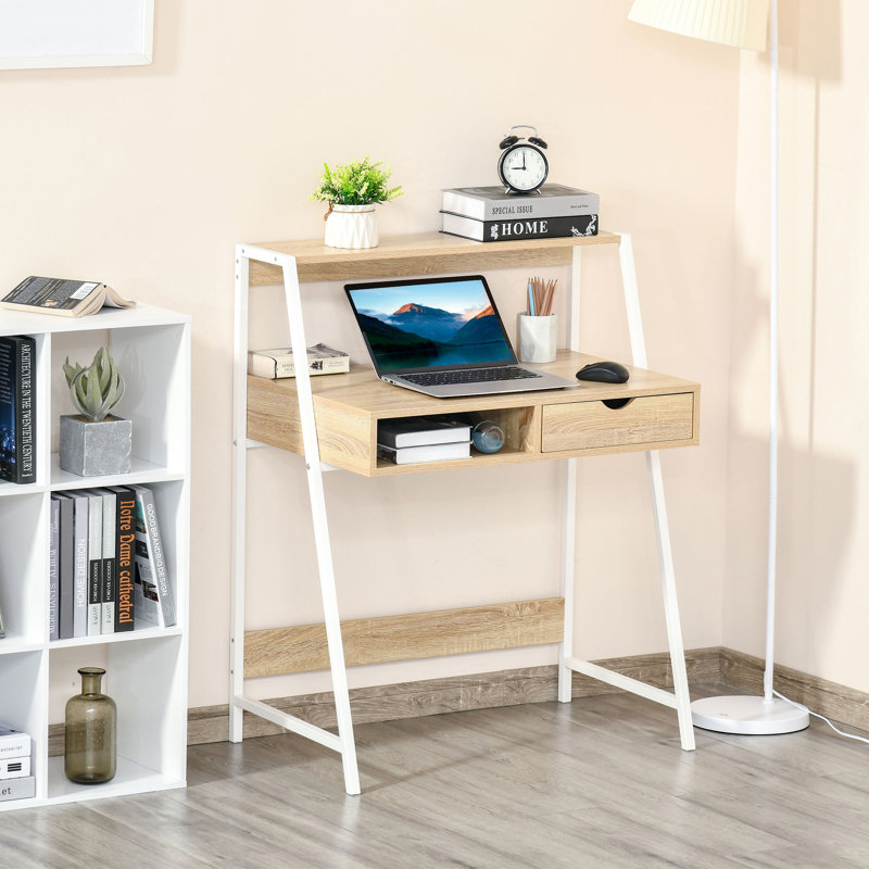 bureau, bureau d'ordinateur pour petits espaces, table d'écriture avec tiroir et tablettes de rangement, naturel