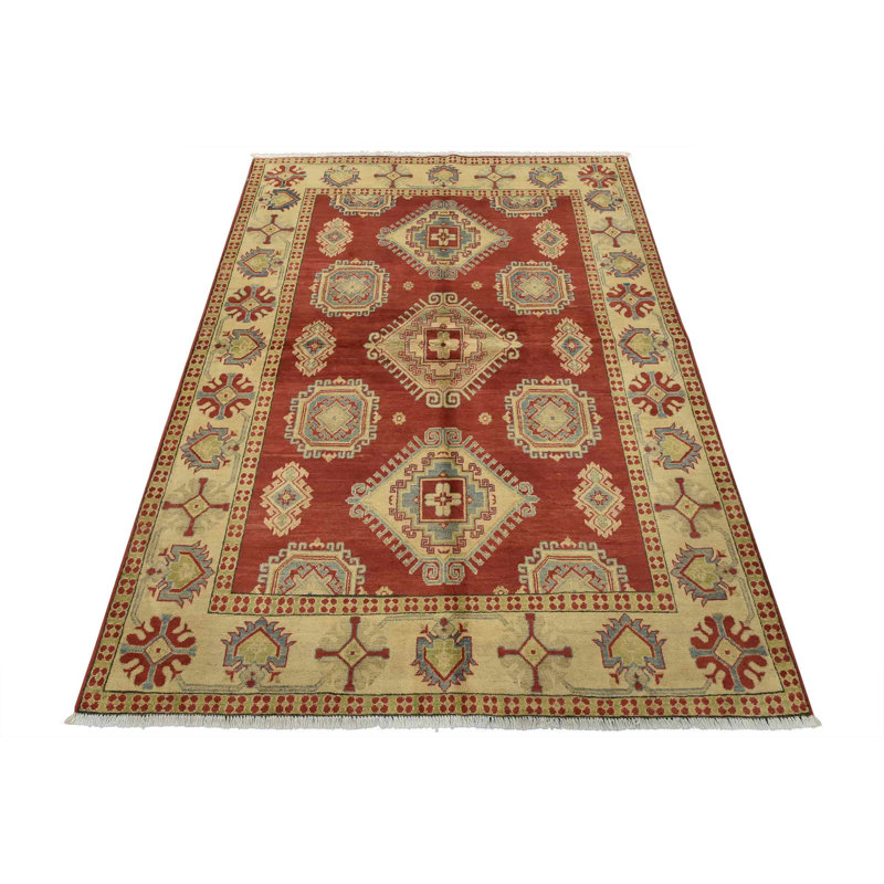 Tapis oriental rouge en laine noué à la main 5 pi 9 po x 7 pi Kazak Kazak