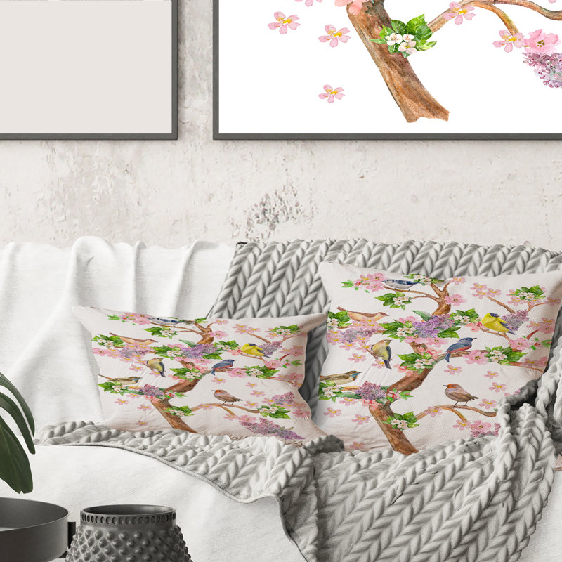 Housse de coussin et insert carré Tree with Birds on Flowering Branches, 18" x 18"