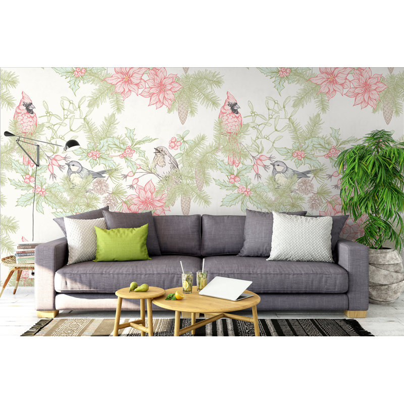 Papier peint amovible à motif de feuilles de chrysanthème rétro, L 105,96 po x l 187 po