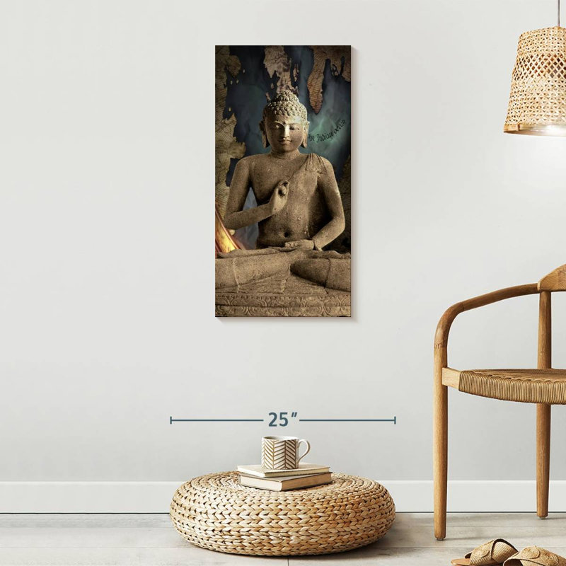 Ancienne impression sur toile Bouddha en pierre, H 30 po x l 15 po x P 1,25 po