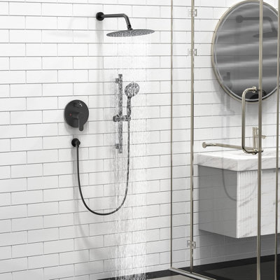 SR SUN RISE 12 Inch Slide Bar Shower System With Rain Shower Head And 6-Spray Handheld Combo, Wall Mounted Dual Shower Faucet With Pressure Balance Valve And Adjustable Slide Bar