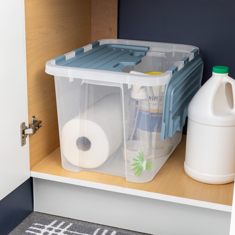 Sterilite 30 Qt Hinged Lid Storage Box, Plastic Container, Washed Blue, 24 Pack, 30 qt.