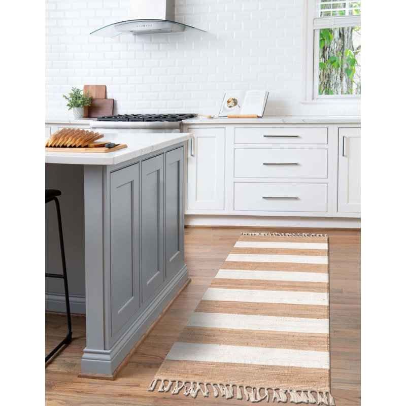 Tapis jaune et ivoire en coton noué à la main Johnie, Tapis de couloir 2 pi 2 po x 10 pi