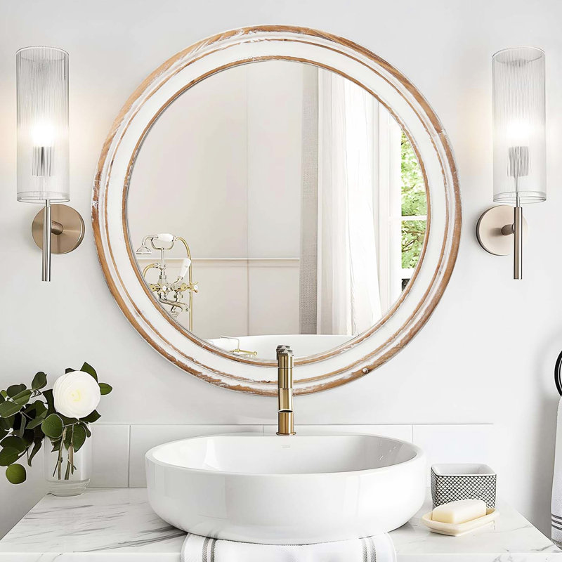 23,88 po Miroir rond pour la maison, le bureau. Style en bois avec bordure blanchie. Réflexion de qualité. Installation sans effort dans la chambre à coucher, vestibule. Miroir Edge. Méthode cristalline facile