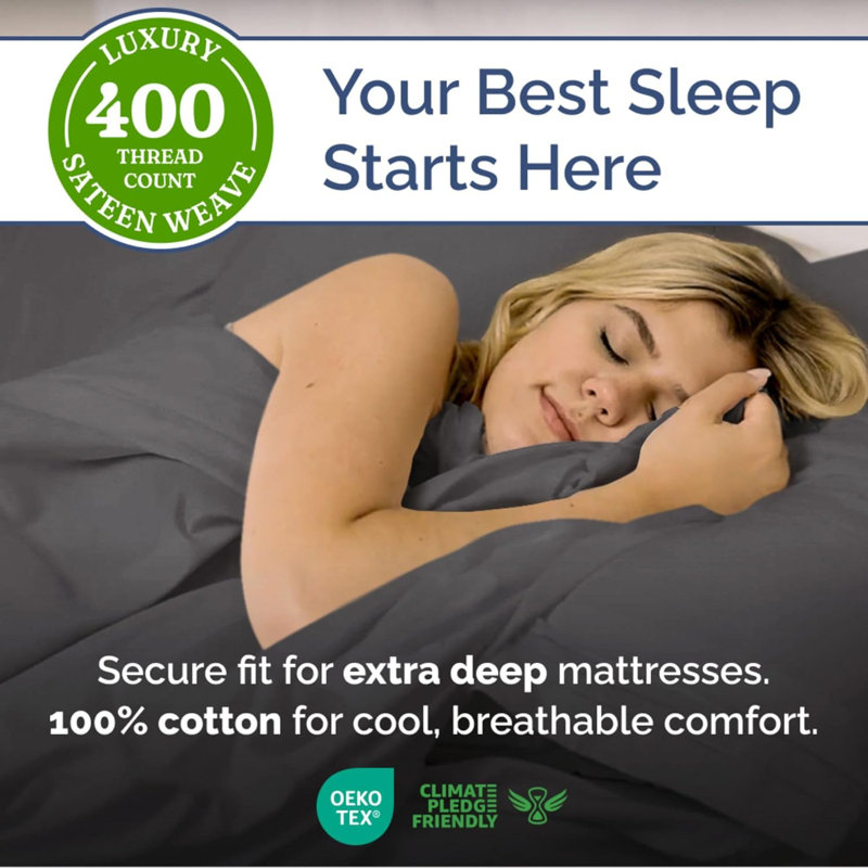 4 Piece 400 Thread Count Cotton Sheet Set – Extra Deep Pocket, Cooling, Breathable & Soft Bedding, Dark Gray