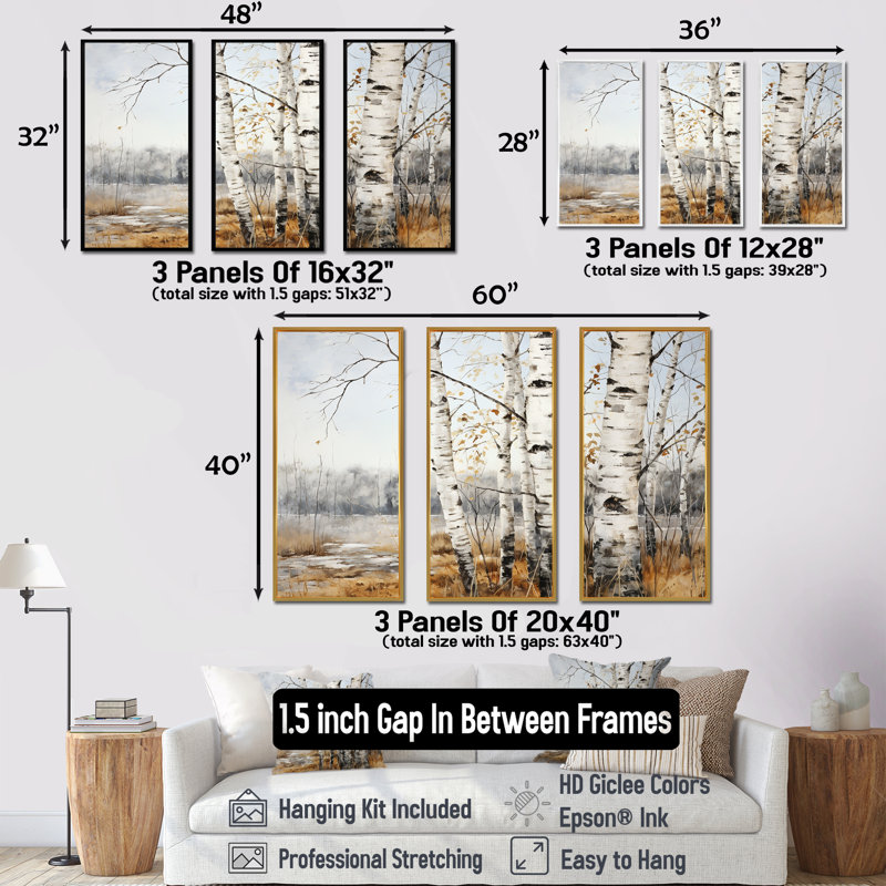 Argent minimalisme arbre Birchs Breath - ensemble d'art sur toile de bouleau, H 28 po x l 36 po x P 1 po, Cadre flottant noir